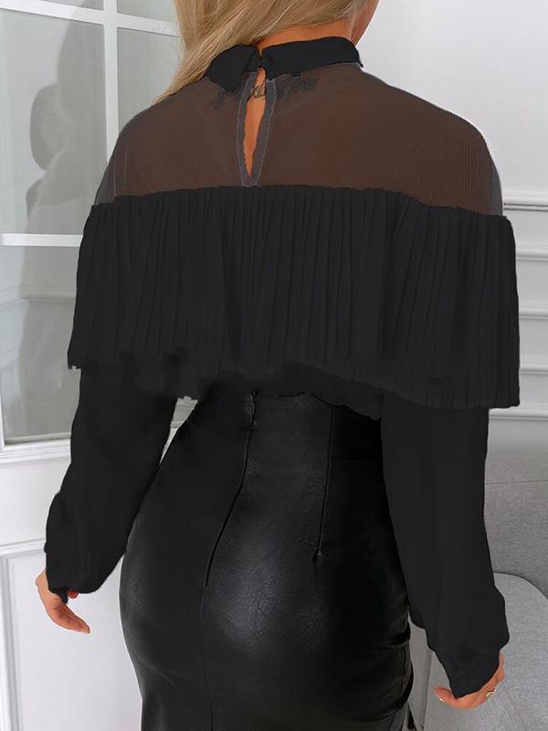 Patchwork Pleated Ruffle Turn-Down Collar Long Sleeve Lantern Sleeve Blouses Regular Women'S Fashion Top