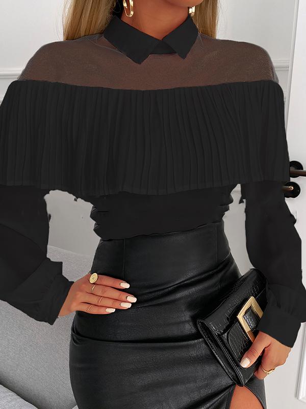 Patchwork Pleated Ruffle Turn-Down Collar Long Sleeve Lantern Sleeve Blouses Regular Women'S Fashion Top