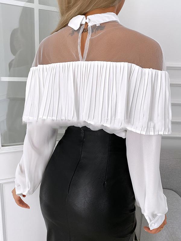 Patchwork Pleated Ruffle Turn-Down Collar Long Sleeve Lantern Sleeve Blouses Regular Women'S Fashion Top