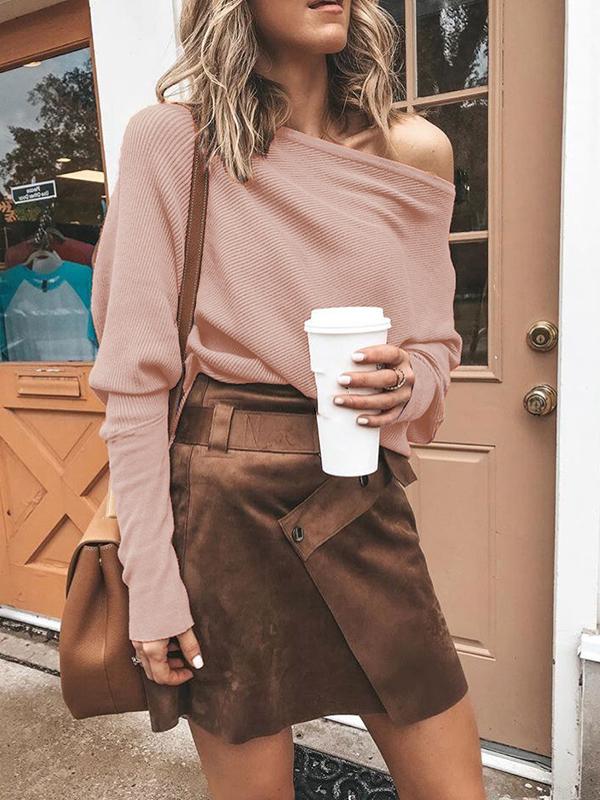One Shoulder Off Shoulder Long Sleeve Oversize Casual Knit Sweater Women T-Shirt
