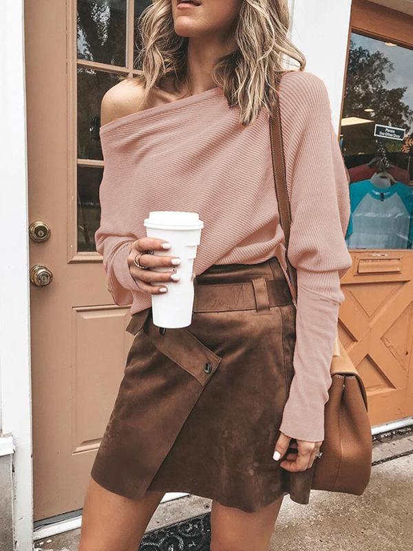 One Shoulder Off Shoulder Long Sleeve Oversize Casual Knit Sweater Women T-Shirt