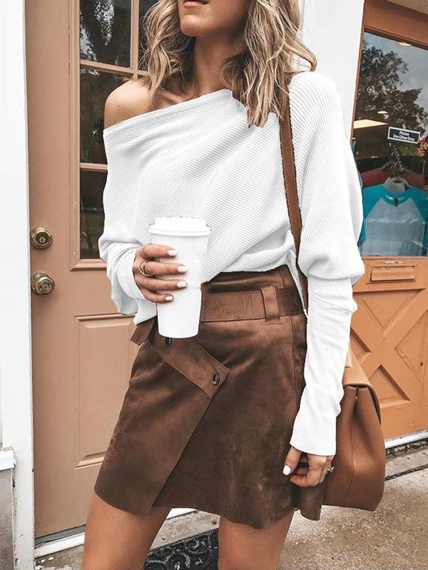 One Shoulder Off Shoulder Long Sleeve Oversize Casual Knit Sweater Women T-Shirt