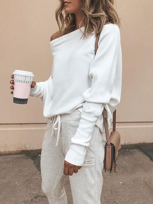 One Shoulder Off Shoulder Long Sleeve Oversize Casual Knit Sweater Women T-Shirt