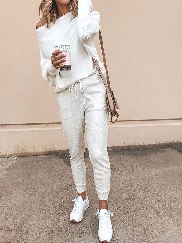 One Shoulder Off Shoulder Long Sleeve Oversize Casual Knit Sweater Women T-Shirt