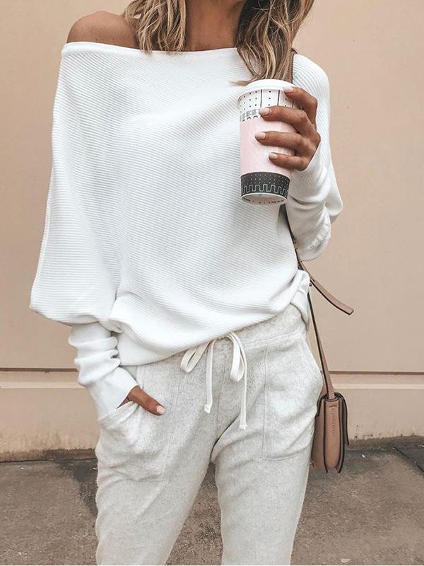 One Shoulder Off Shoulder Long Sleeve Oversize Casual Knit Sweater Women T-Shirt
