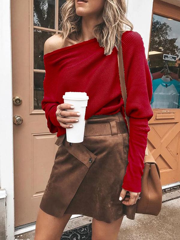 One Shoulder Off Shoulder Long Sleeve Oversize Casual Knit Sweater Women T-Shirt