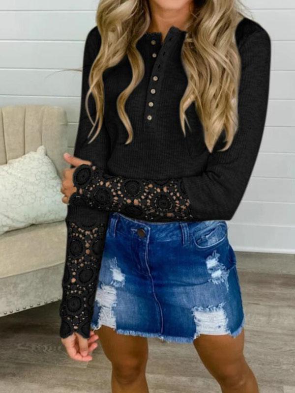 Patchwork Lace Buttons Single Breasted Round Neck Long Sleeve Regular T-Shirt Women Fashion Blouses Top
