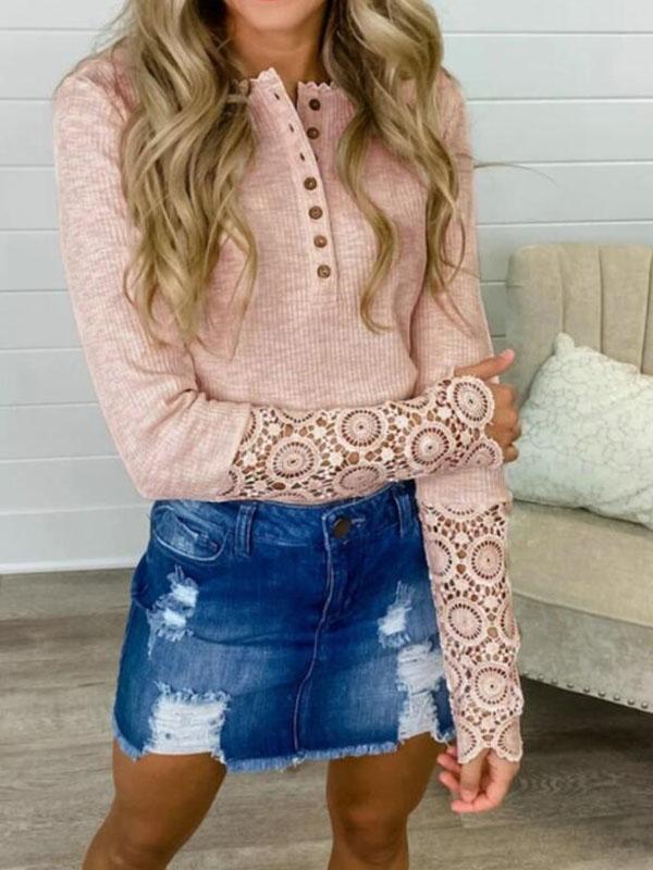 Patchwork Lace Buttons Single Breasted Round Neck Long Sleeve Regular T-Shirt Women Fashion Blouses Top