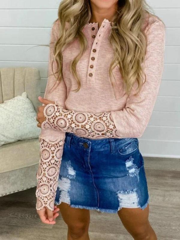 Patchwork Lace Buttons Single Breasted Round Neck Long Sleeve Regular T-Shirt Women Fashion Blouses Top