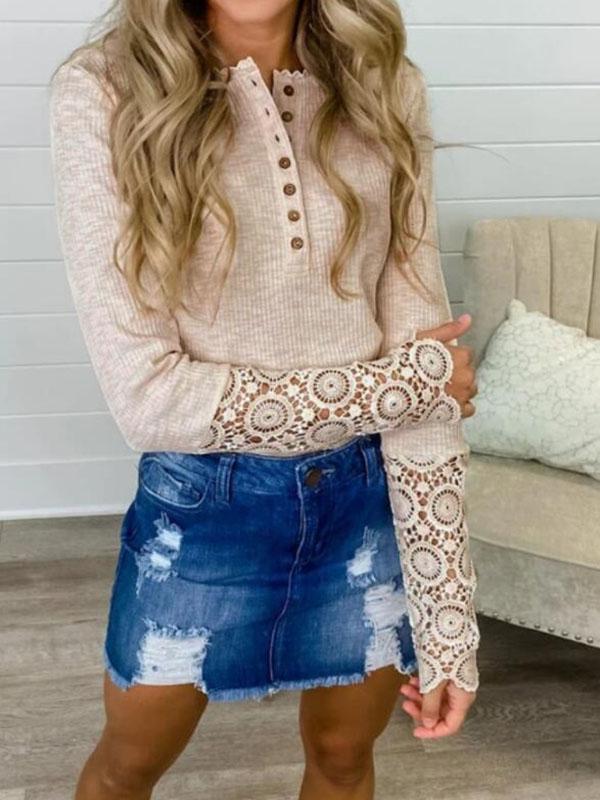 Patchwork Lace Buttons Single Breasted Round Neck Long Sleeve Regular T-Shirt Women Fashion Blouses Top