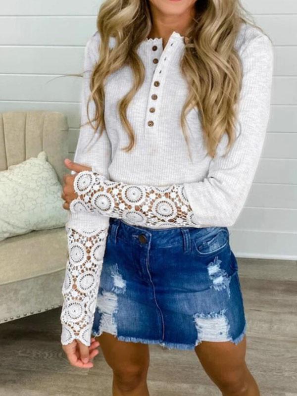 Patchwork Lace Buttons Single Breasted Round Neck Long Sleeve Regular T-Shirt Women Fashion Blouses Top