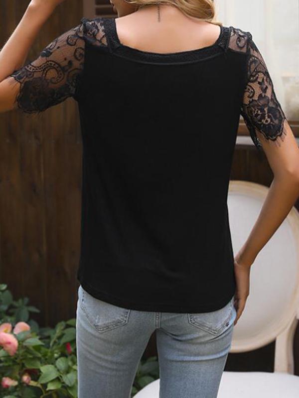 Patchwork Lace V-Neck Short Sleeve T-Shirt Regular Women Fashion Top