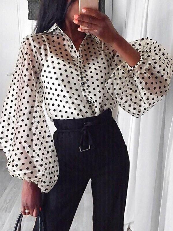 Polka Dot Transparent Turn-Down Collar Long Sleeve Women Blouses