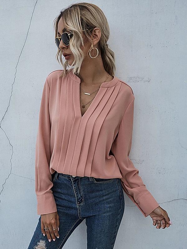 Pleated V Neck Long Sleeve Women Tops Tops Blouses