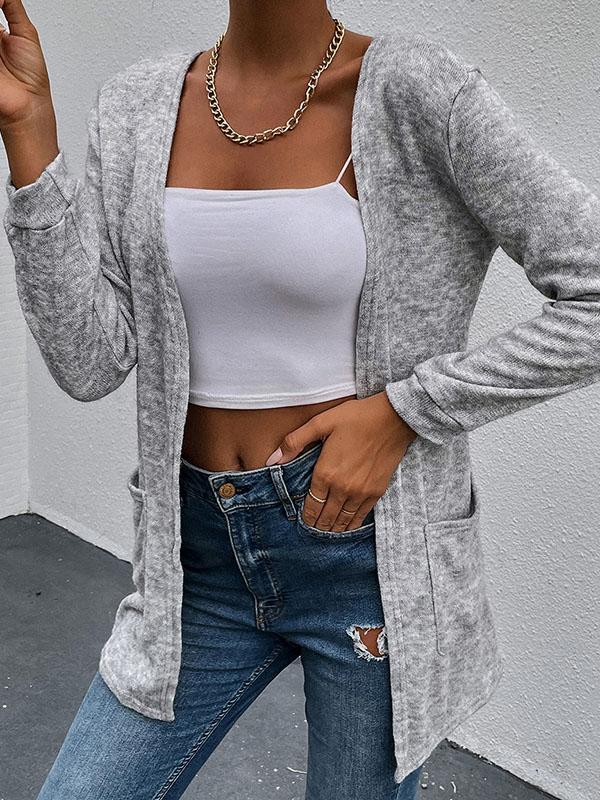 Solid Color Pockets Long Sleeve Women Fashion Cardigans Cardigan