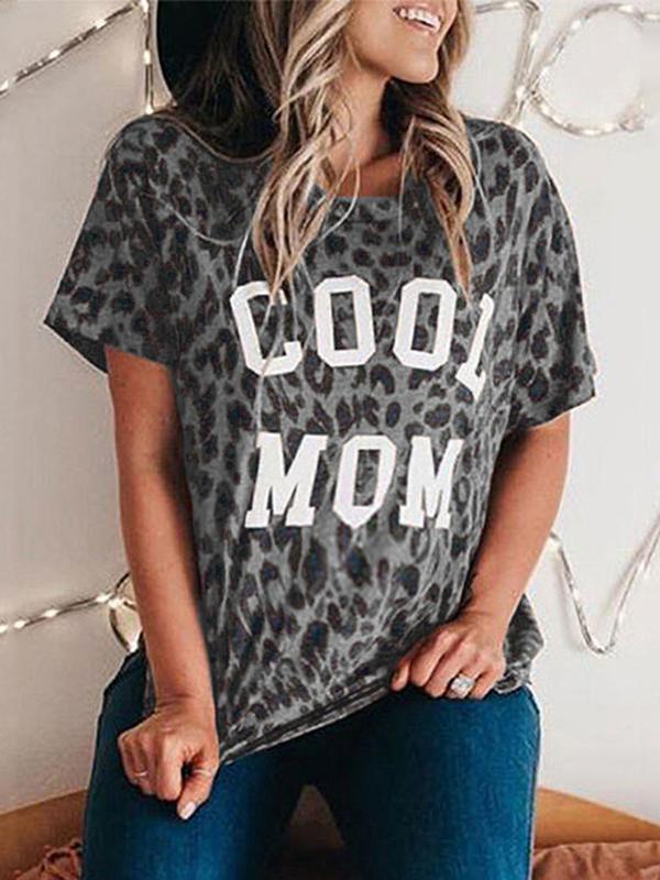 COOL MOM Letter Print Leopard Comfy Round Neck Short Sleeve Maternity T-Shirt
