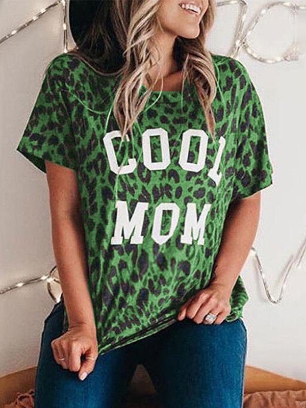 COOL MOM Letter Print Leopard Comfy Round Neck Short Sleeve Maternity T-Shirt