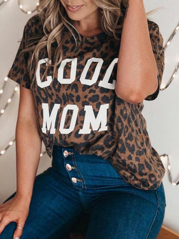 COOL MOM Letter Print Leopard Comfy Round Neck Short Sleeve Maternity T-Shirt