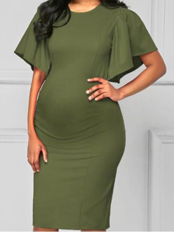 Ruffle Maternity For Babyshower Round Neck Short Sleeve Elegant Midi Dress