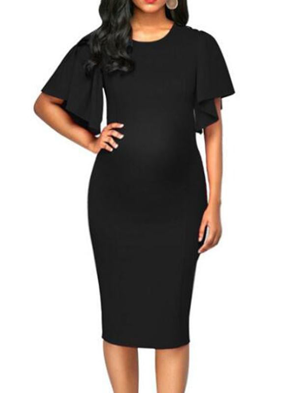Ruffle Maternity For Babyshower Round Neck Short Sleeve Elegant Midi Dress