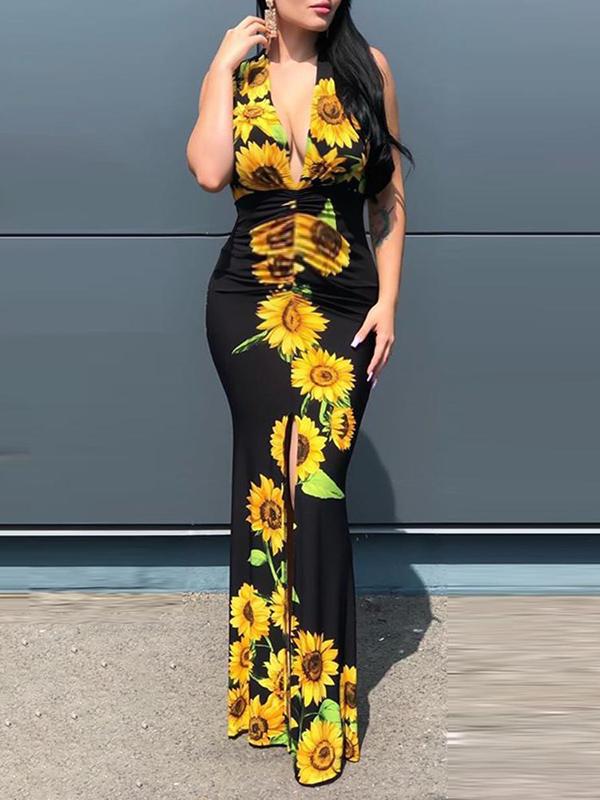 Sunflower Slit Bodycon Deep V-neck Floor Length Sleeveless Baby Shower Dress