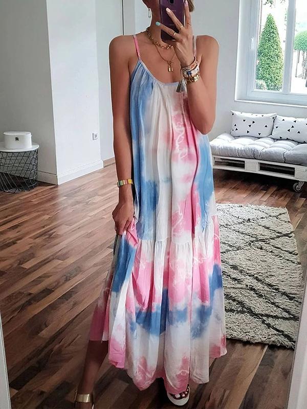 Seindeal Halter Tie Dye Suspender Skirt Sweet Maternity Maxi Dress for Baby Shower Pink and Blue