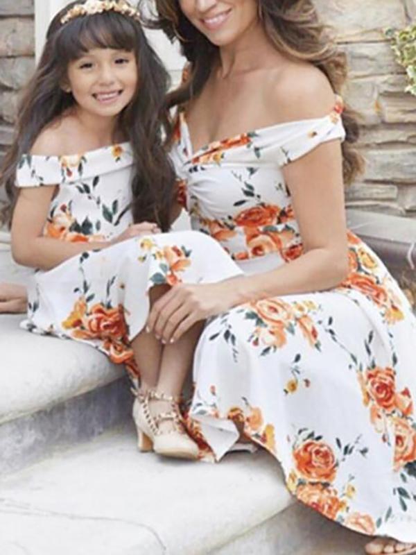 Floral Print Maternity Off Shoulder Mommy and Me Outfits Cute Midi Dress