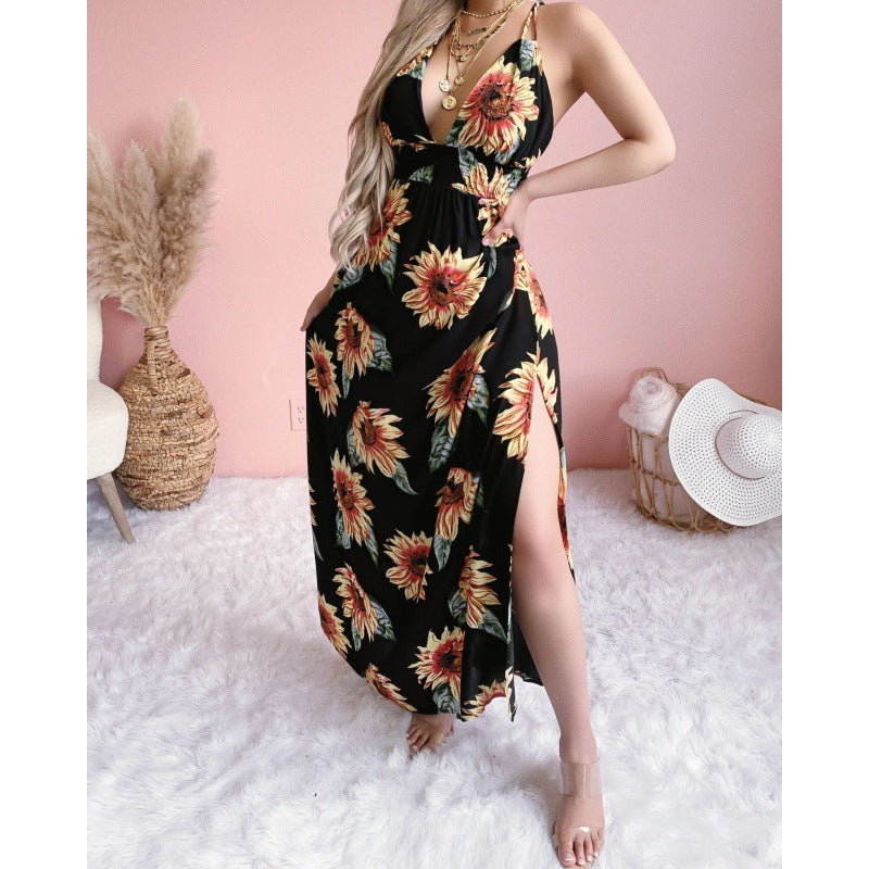 Sunflower Drawstring Side Slit Bohemian Maternity Mini Dress