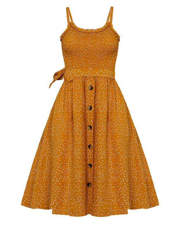 Polka Dot Print Belt Buttons Maternity For Babyshower Beach Adjust Waist Cute Midi Dress