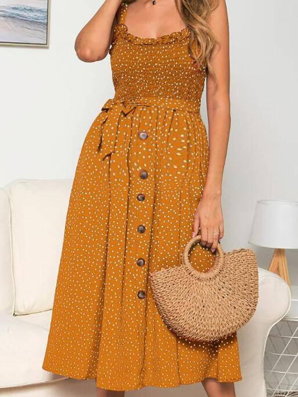 Polka Dot Print Belt Buttons Maternity For Babyshower Beach Adjust Waist Cute Midi Dress