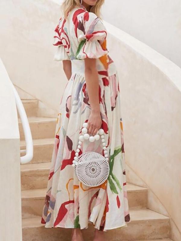 Floral Print Single Breasted Maternity For Babyshower Puff Sleeve Going Out Maxi Dress