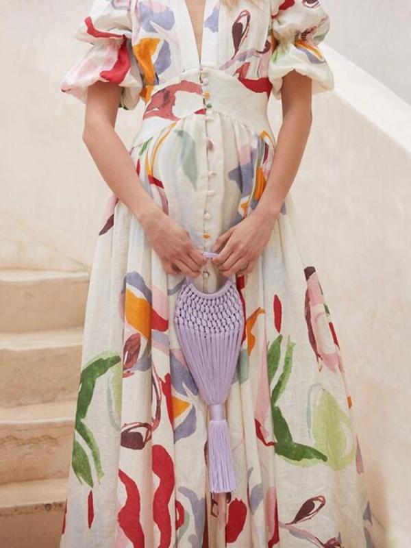 Floral Print Single Breasted Maternity For Babyshower Puff Sleeve Going Out Maxi Dress