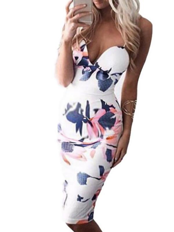 Seindeal Floral Print Bow Off Shoulder Maternity Bodycon Vintage Tube Top Midi Dress