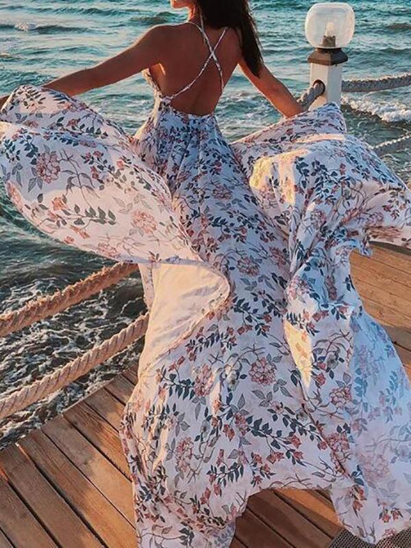 Floral Print Beach Maternity For Babyshower V-Back Flowy Fashion Maxi Dress