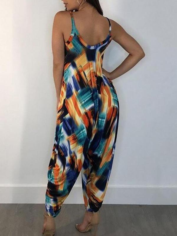 Color Block Print Ruffle Maternity Spaghetti Strap Vintage Jumpsuit