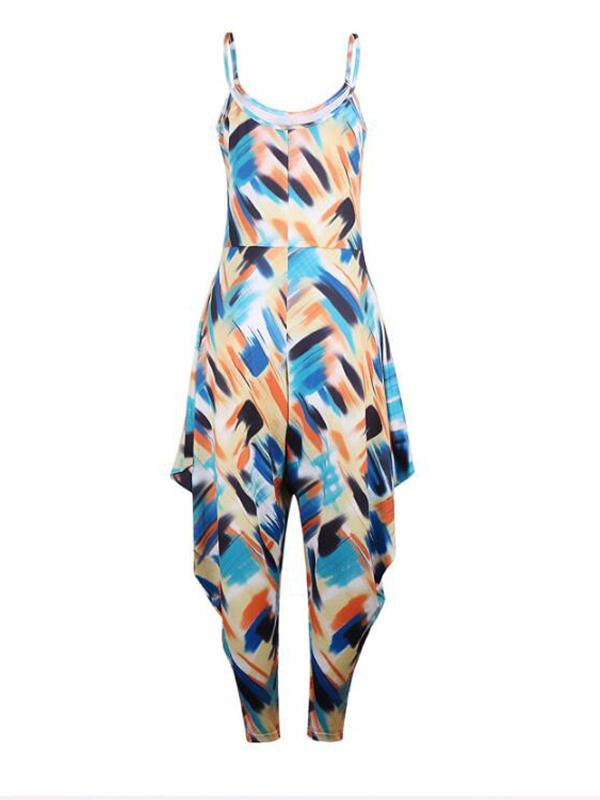 Color Block Print Ruffle Maternity Spaghetti Strap Vintage Jumpsuit