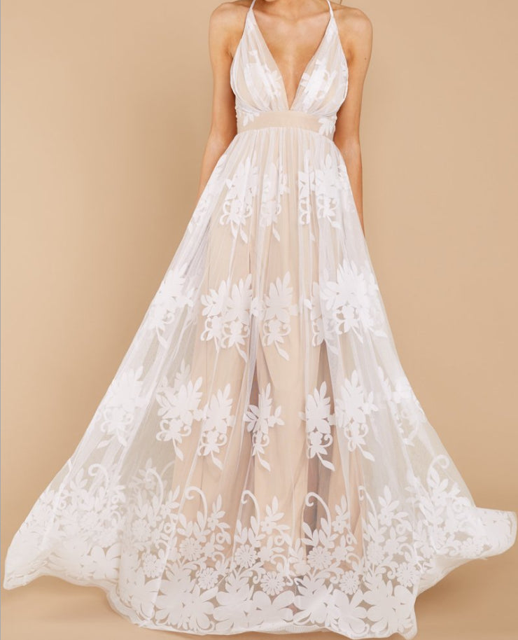 Lace Grenadine Sheer Deep Vneck Spaghetti Strap Side Slit Maternity Maxi Dress