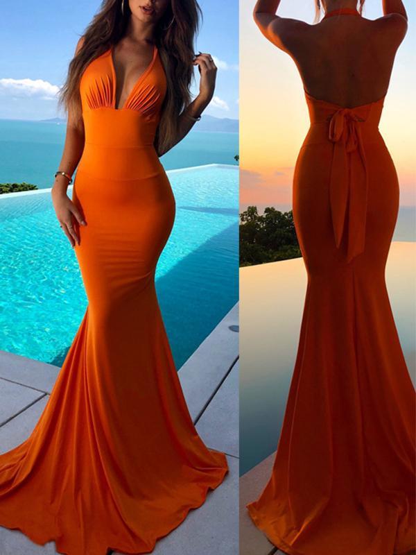 Halter V-Neck Sleeveless Maxi Dresses Women Elegant Dress