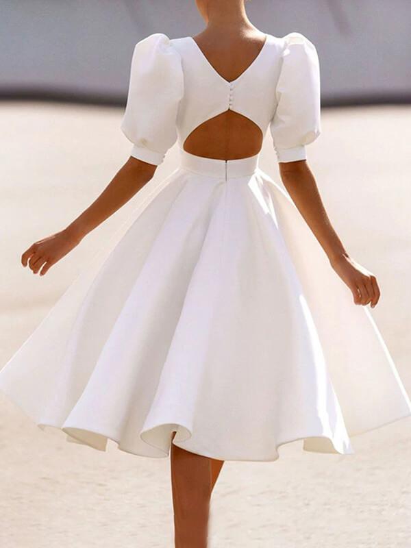 Cut Out Backless Round Neck Short Sleeve Lantern Sleeve A-Line Midi Dress Women Fashion Elegant Dress