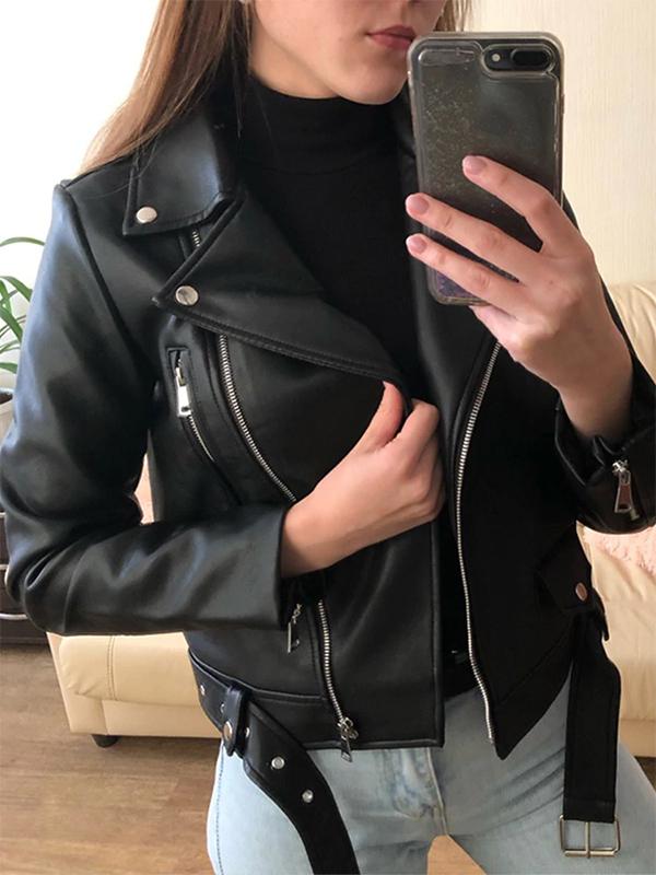 Black Solid Color Zipper Belt Turn Down Collar Long Sleeve Women Fashion Leather Jacket