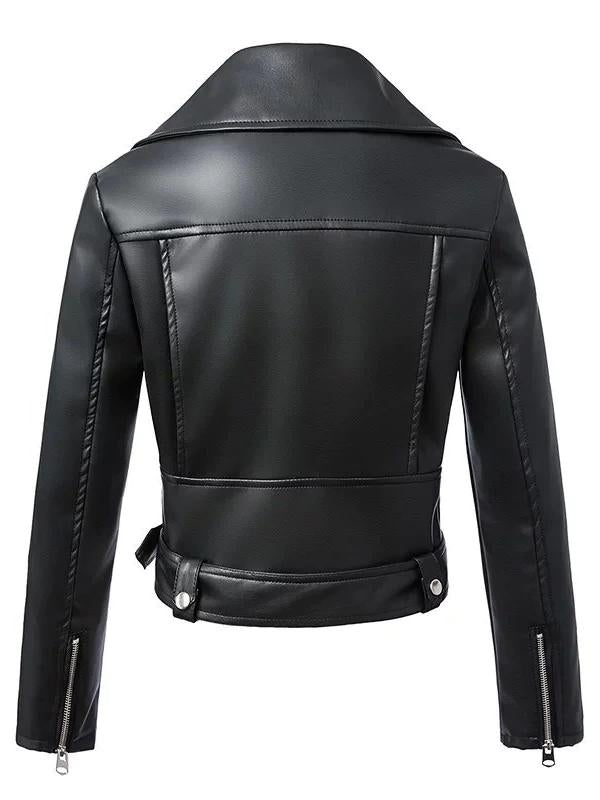 Black Solid Color Zipper Belt Turn Down Collar Long Sleeve Women Fashion Leather Jacket