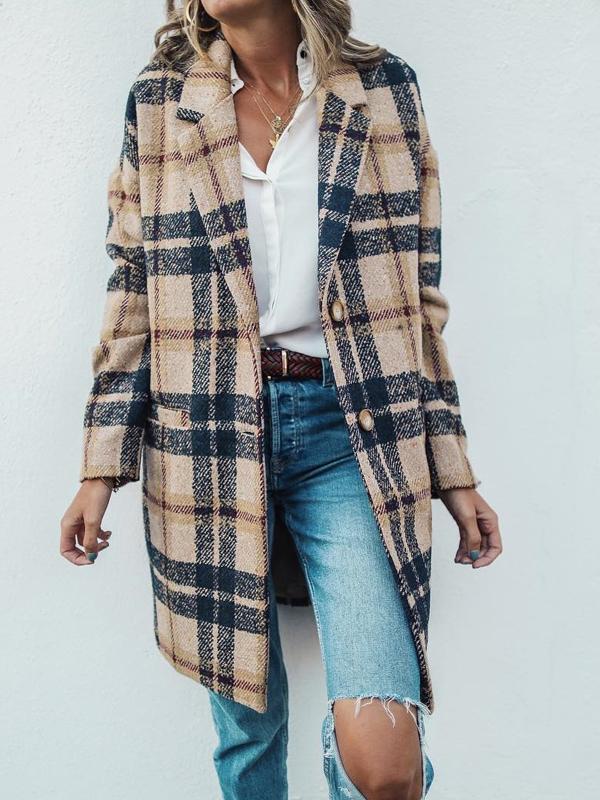 Seindeal Women's fashion winter coat wool coat plaid single-breasted