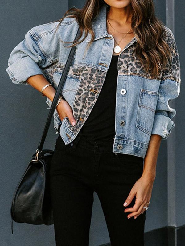 Leopard pockets turn-down collar long sleeve women denim jacket