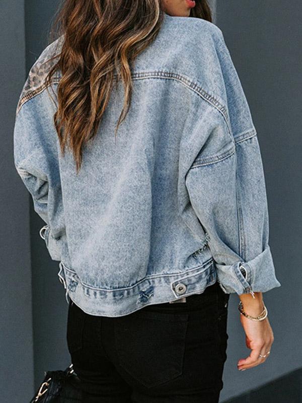 Leopard pockets turn-down collar long sleeve women denim jacket