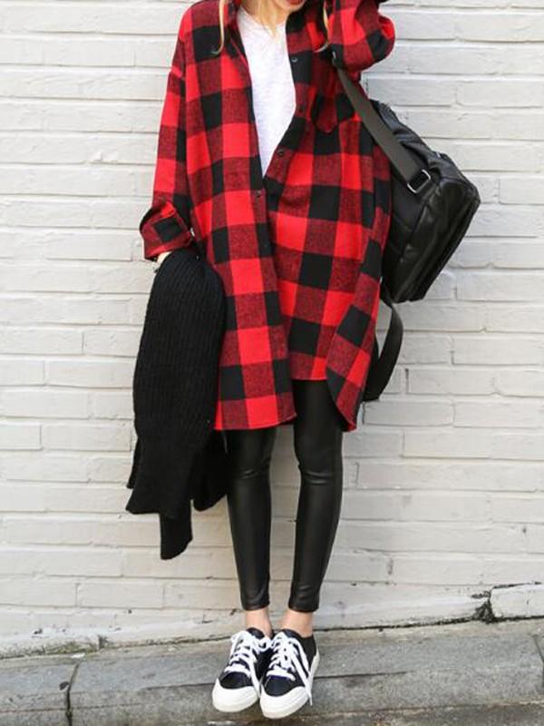 Seindeal Plaid Plaid Single Breasted Oversize Casual Long Blouse Outfit Tops Women Fashion