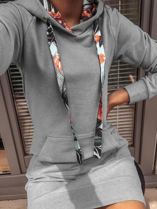 Patchwork Drawstring Pockets Hooded Long Sleeve Women'S Sweatshirt