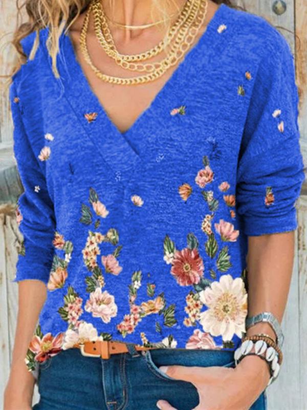 Floral Print V Neck Long Sleeve Casual T-shirt Long Women Top