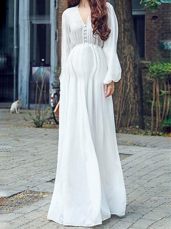 Solid Fluid Buttoning Flowy Long Elegant Sleeve White Baby Shower Dress