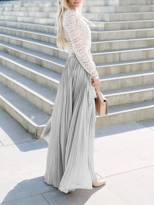 Gray Pleated High Waist A-Line Elegant Bohemian Skirt Long Party Pleated Skirt Maxi Skirt Beach Skirt