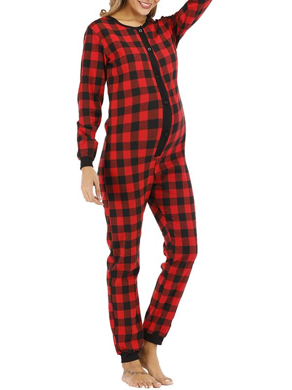 Seindeal Buffalo Plaid Buttons Christmas Long Sleeve Maternity Pajama Long Jumpsuit